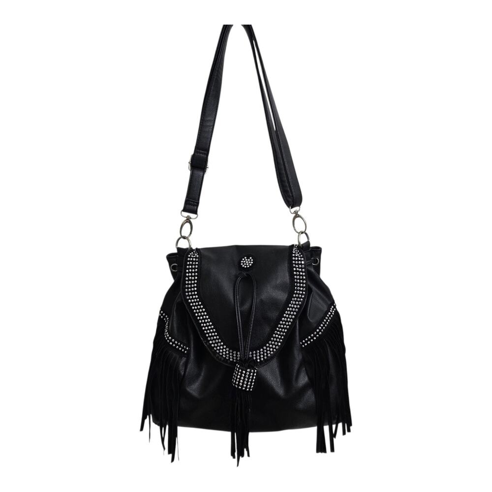 Black Boho Western Fringe Crossbody Purse Studded Faux Leather Shoulder Bag - Picture 9 of 12